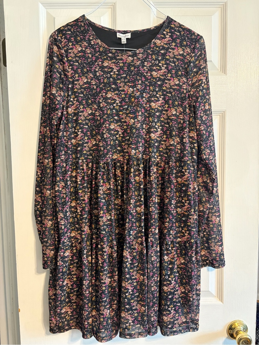 Love Fire Floral Tiered Long Sleeve Dress Size XL NWT Black Boho Cottagecore